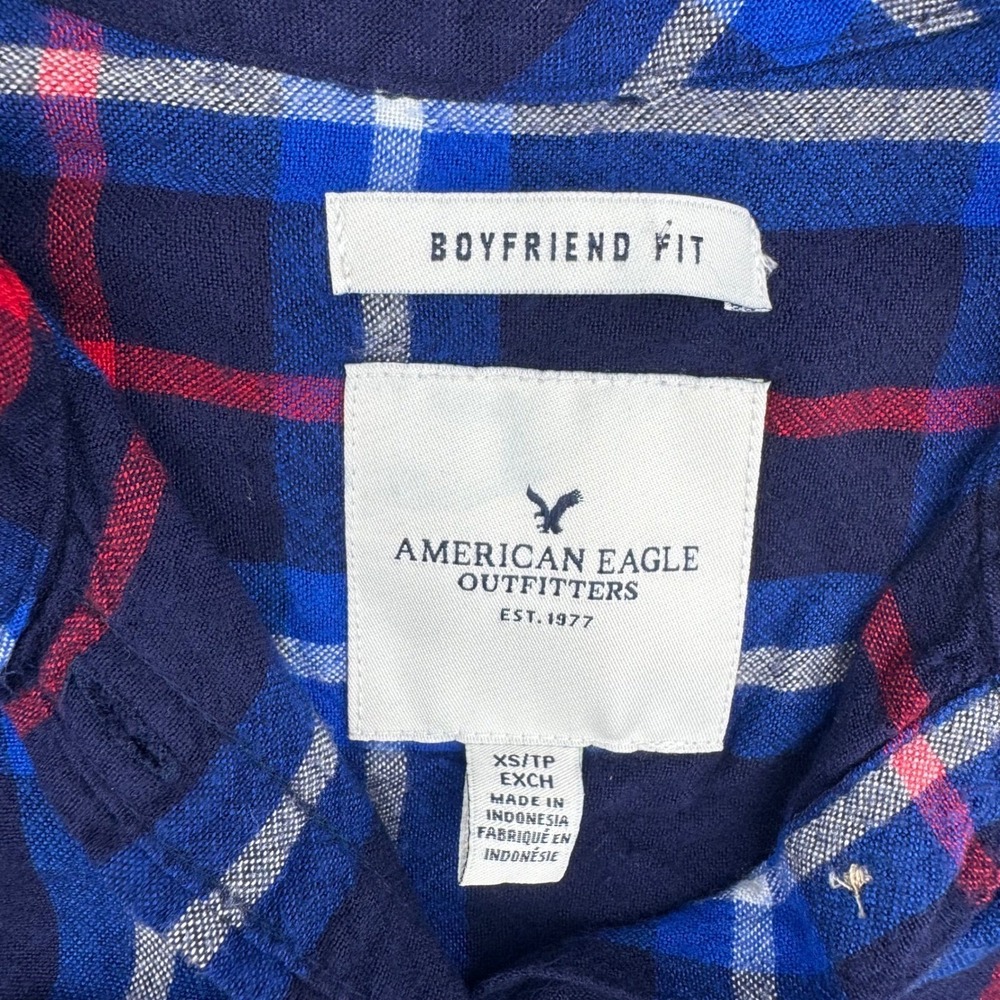 American Eagle Boyfriend Fit Plaid Flannel Shirt Navy Blue Red White XS - Picture 5 of 6